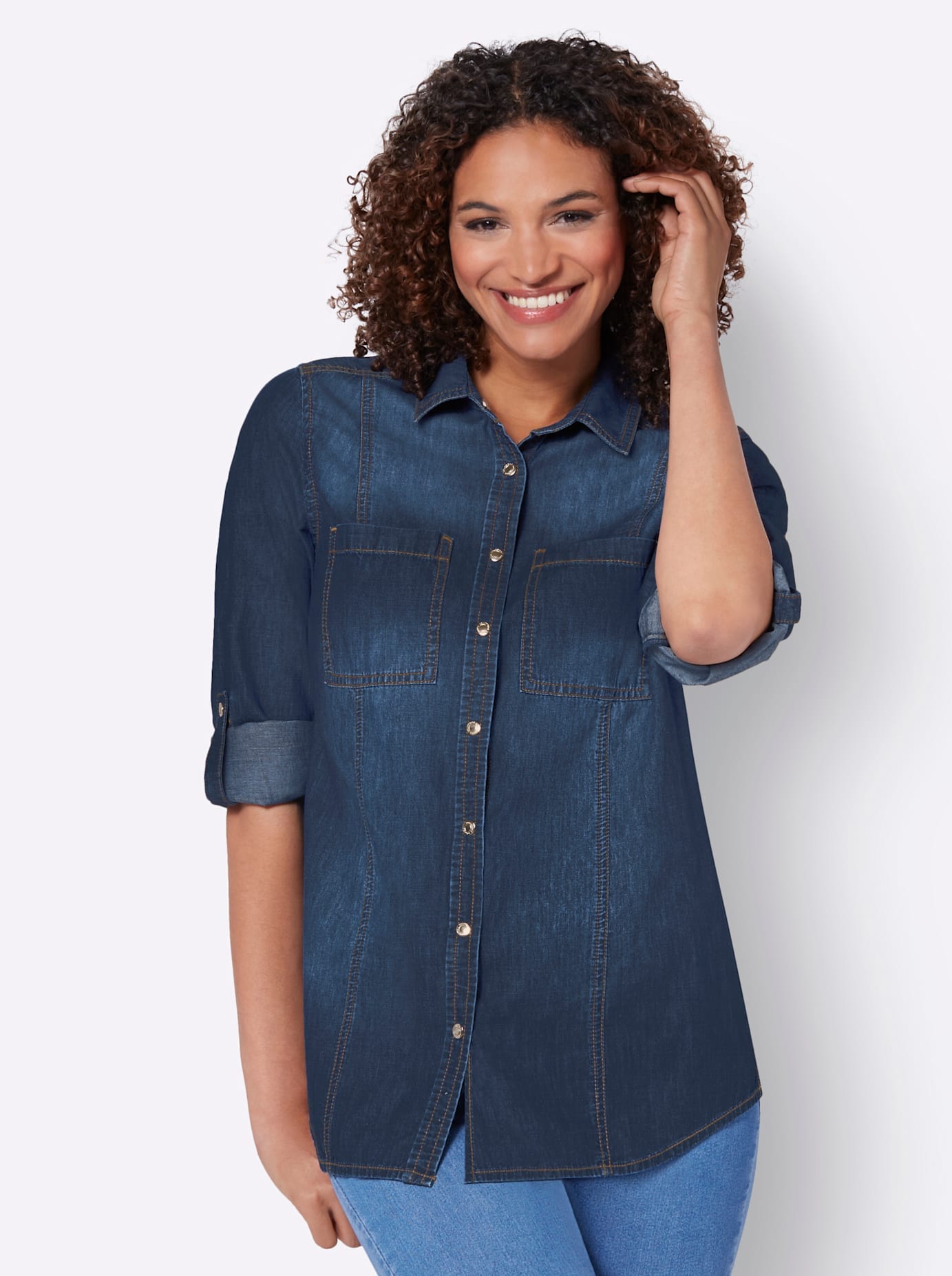 Jeansbluse CASUAL LOOKS, Damen, Gr. 44, blau (blau, stone, washed), 100% Baumwolle, unifarben, Blusen Jeansbluse Image