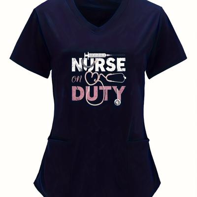 TEMU Letter Print V Neck Scrubs Top, Casual Short Sleeve Patched Pockets Medical Nurse Uniform, Women's Clothing