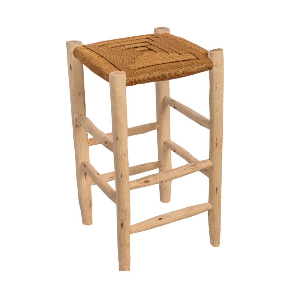 Tabouret haut de bar camel en bois et corde 63x35x35