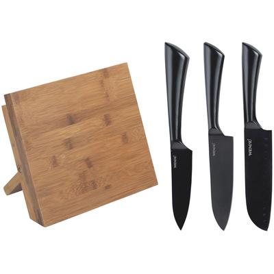 Magnet-Messerblock WENKO "Modell Mesina mit Messerset", braun (dunkelbraun), B:23,5cm H:21cm L:13cm, Messerblöcke, Messerblock, rostfreier Edelstahl und geräucherter Bambus, FSC-zertifiziert