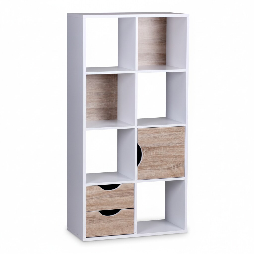 Großes Bücherregal in Sonoma Eiche und Weiß, modernes Design, 8 Fächer für Stauraum, multifunktional als Raumteiler nutzbar | Kadima Design Image