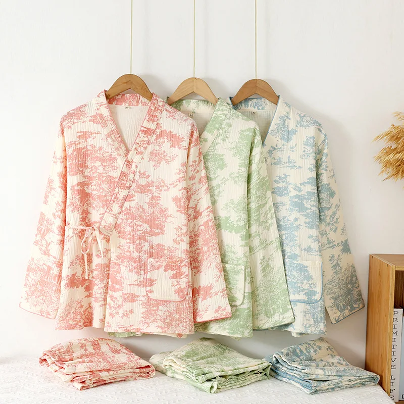 Pyjama d'hiver en coton pour femmes, vêtements de nuit nationaux en gaze quatre saisons, ensembles de pantalons à manches longues, Kimono japonais, Service à domicile XL