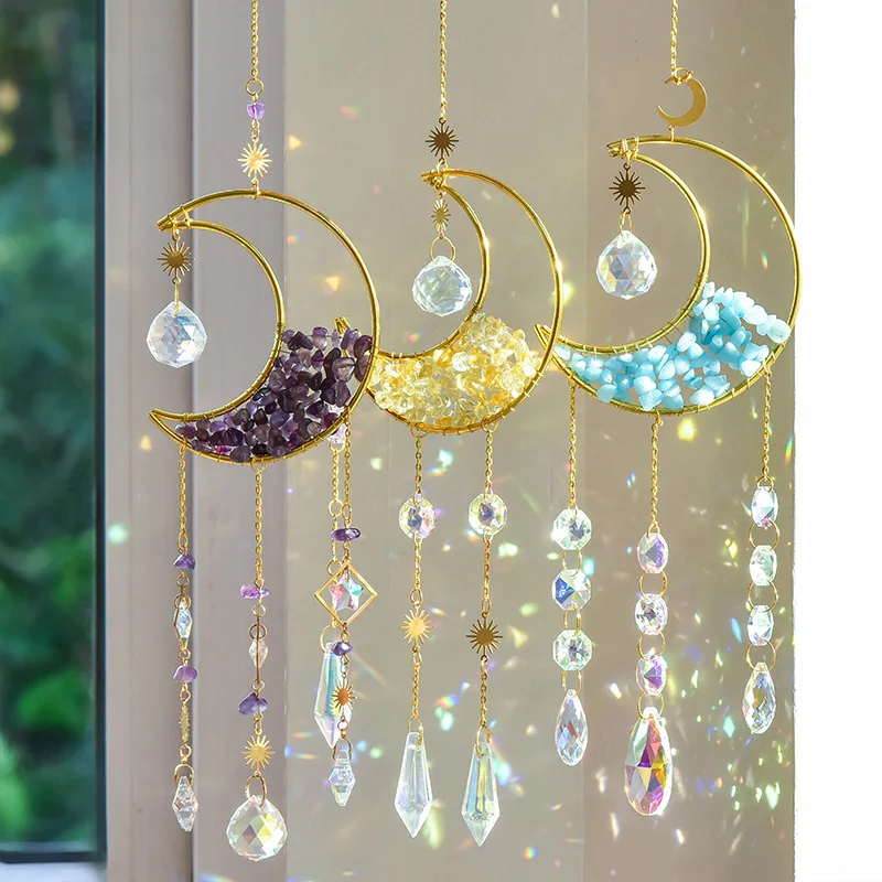 Attrape-soleil en forme de lune, carillon éolien en cristal, pendentif suspendu en métal, diamant arc-en-ciel, fenêtre de voiture, décor de jardin suspendu