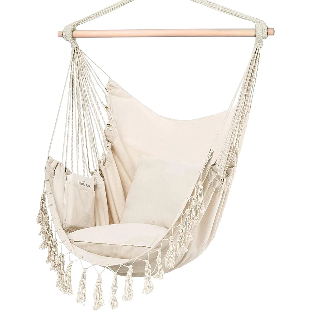 Makramee-Hängesessel mit 2 Kissen | Baumwollseilschaukel mit 500 Pfund Kapazität | Taschendesign für den Innen- und Außenbereich