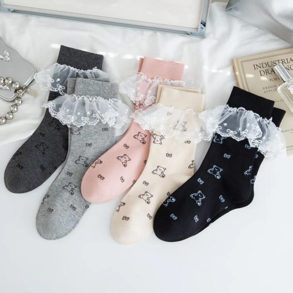 5 Paar elegante Mädchen Boden Socken Mode Spitze Lolita Cartoon Tiere Socken Frauen Herbst Winter Mittel rohr lässig Tanz socken Image