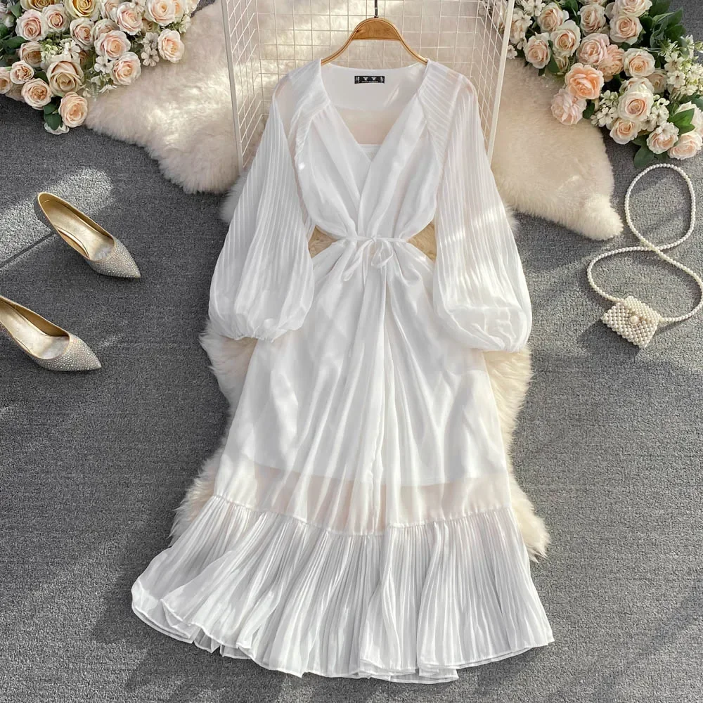 Frauen Club Party Hohe Taille Casual Vestidos De Mujer Maxi Elegante Vintage Plissee Bandage Puff Sleeve Robe Sexy Casual Kleider