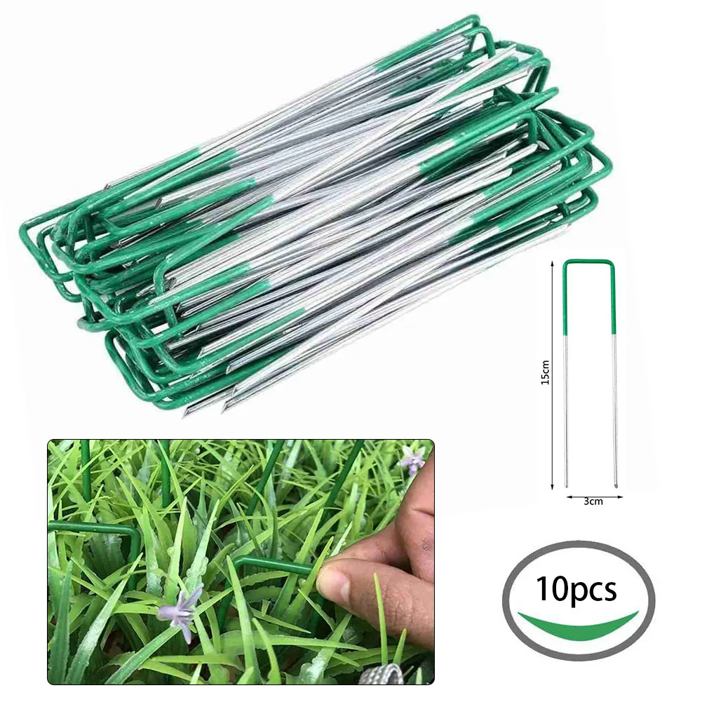 10 stücke Künstliche Gefälschte Gras Heftklammern Rasen Rasen U-Form Pins Metall Verzinktem Garten Unkraut Befestigungs Pegs Pflanzen Unterstützung 150*30*3mm Image