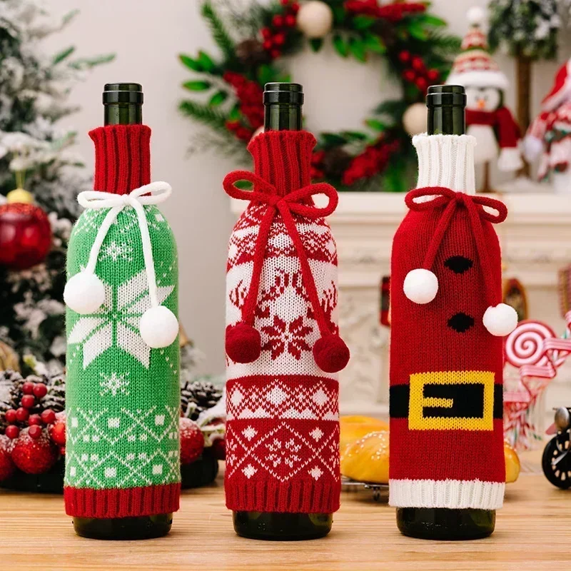 1Pcs Weihnachten Wein Flasche Abdeckungen Cartoon Santa Schneemann Gestrickte Rotwein Flasche Taschen Neue Jahr Party Weihnachten Abendessen Tisch Dekoration Image