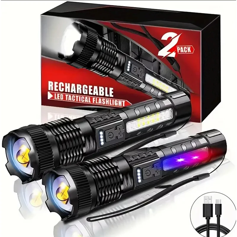 Hochleistungs-LED-Taschenlampen, sehr starke taktische Taschenlampe, 6 Modi, wiederaufladbar, für Camping, Angeln, Notfall-Zoom-Laterne Image