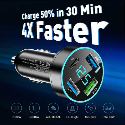 4-Port-Autoladegerät 3 USB plus 1 PD-Loch zum schnellen Laden gleichzeitig Auto-Stromteiler geeignet für 12V-24V-Modelle Image