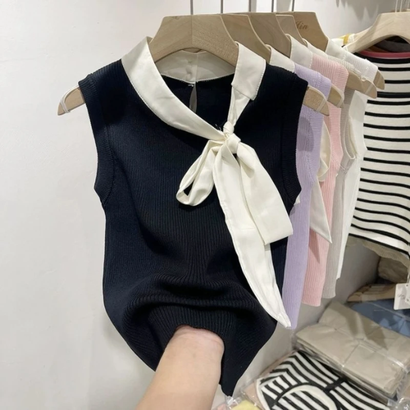 Neue süße Tank Top Bogen Halfter Crop Tops Frauen Sommer Baumwolle gestrickt Leibchen lässig Bandage T-Shirt weibliche ärmellose kurze Weste Image