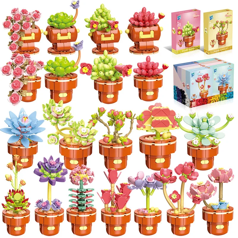 Blume Topfpflanze Sukkulenten Bausteine Ornamente Modelle Hause Dekoration Blumenstrauß MOC Ziegel Montage Spielzeug Kinder Geschenk Image