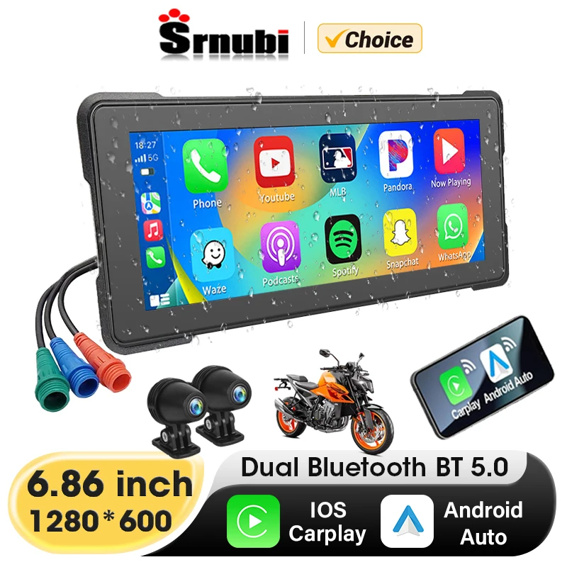 Srnubi 6,86 zoll Motorrad DVR Drahtlose Carplay Android Auto IP67 Wasserdichte GPS navigator Dash Cam Moto Dual Bluetooth Kamera Image