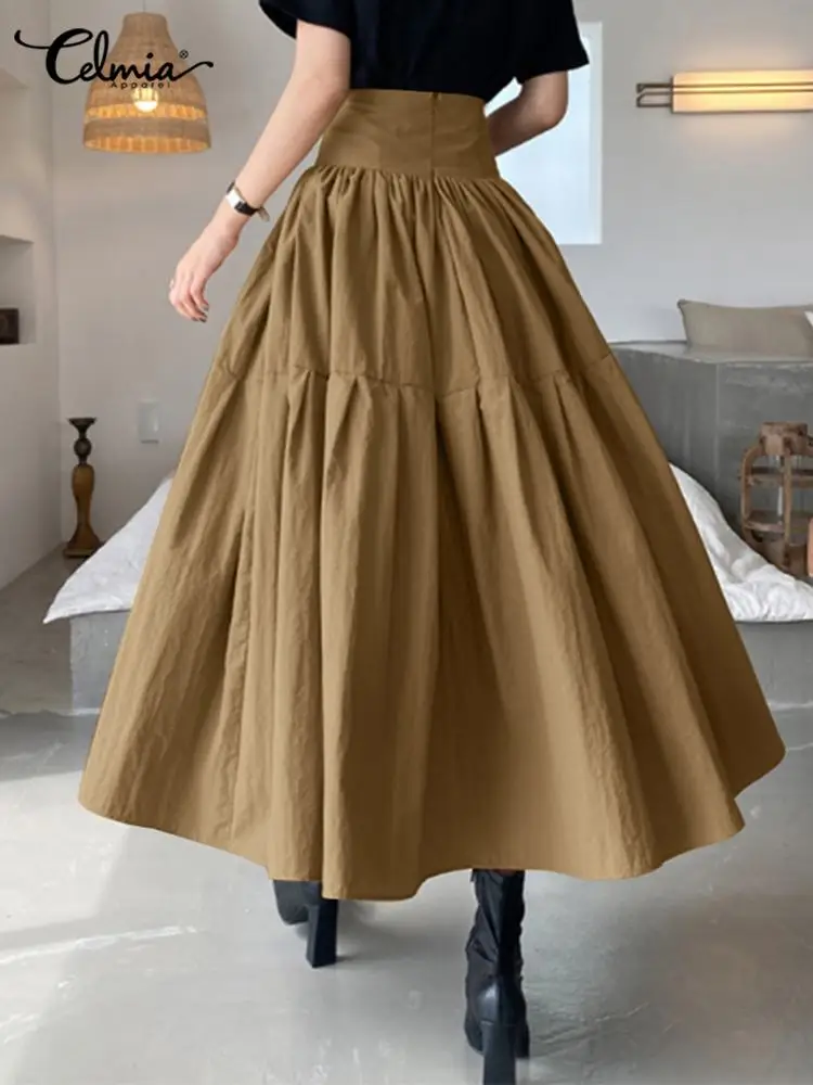 Celmia Hohe Taille Swing Langer Rock Frauen Mode Plissee Reißverschluss Party Jupe Casual Lose A-linie Rock 2025, Vintage Strand Rock Image