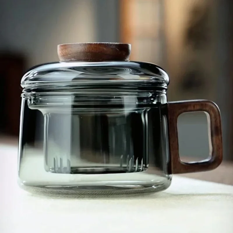 200 ml hitzebeständiger Tee-Ei-Becher aus Glas mit Filter und Holzgriff, Büro-Tee-Trennbecher, mit Blumen- und Tee angereicherte Tassen