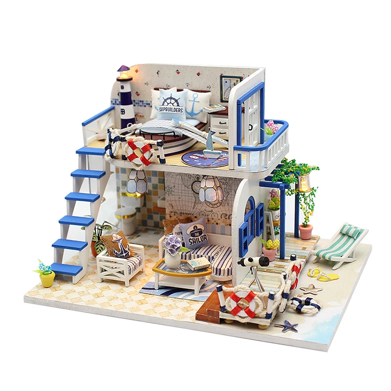 Mini-Puppenhaus, 3D-Puzzle, Holz, Strand, kleines Haus, Zusammenbau von Gebäudemodellen, Zuhause, Schlafzimmer, Dekoration mit Möbeln, Puppenhaus