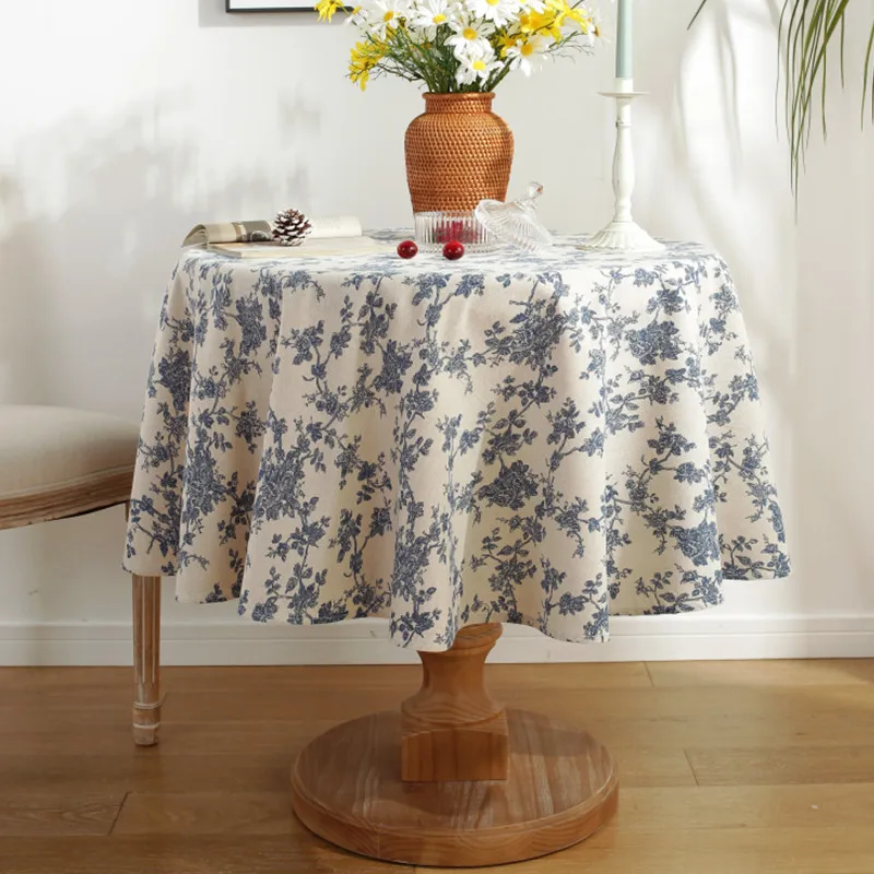 Kleine Runde Tischdecke im Ins-Stil aus Baumwolle und Leinen, Blau Bedruckte Tischdecke, Retro Blaue Blumen Teetisch-Abdeckung