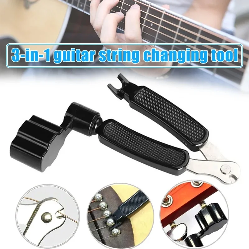 Neue Gitarre String Wickler String Cutter Brücke Pin Puller 3 IN 1 String Peg Wickler Gitarre Reparatur Werkzeug Schwarz Image