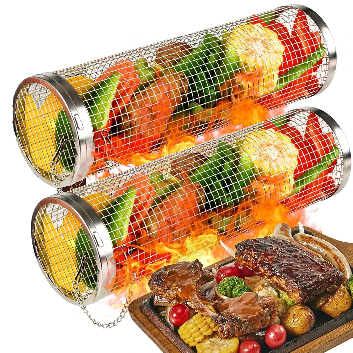 Edelstahl Zylinder Grill rollend Grill korb Rack Koch grill Rost im Freien rund Grill Gitter Reise Camping Picknick Image
