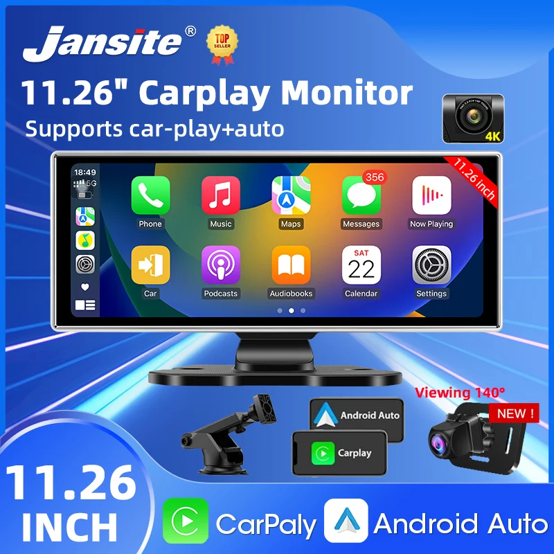 11,26 Zoll Wireless CarPlay & Android Auto Dash Cam 4K DVR Bluetooth Audio GPS Navigation Dashboard Dual Lens Video Recorder Image