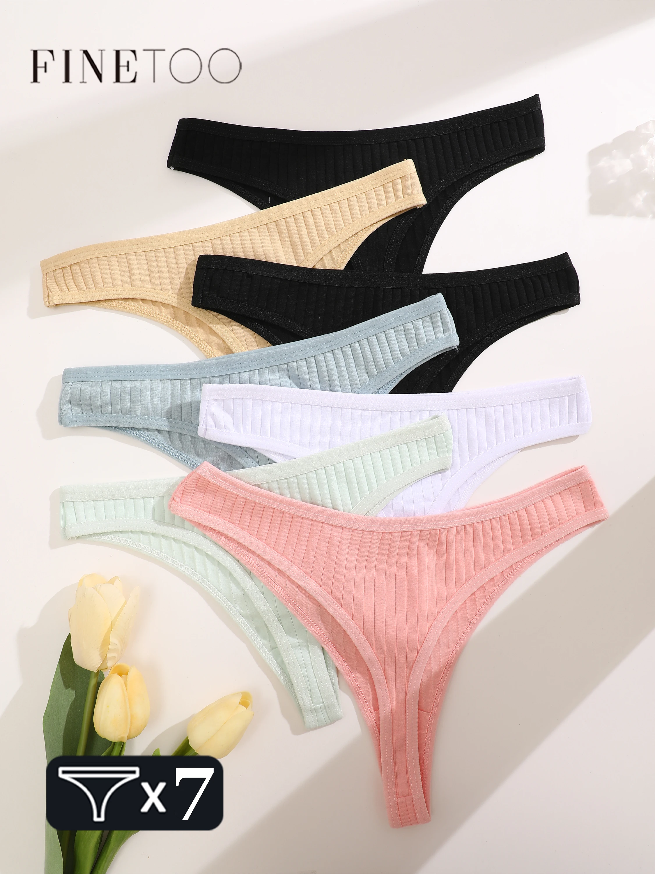 7 Stück Baumwolle gestreifte Unterwäsche Damen Höschen sexy niedrige Taille G-String feste Riemen weibliche atmungsaktive Bikini weiche Dessous T-Back Image