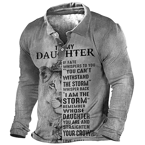 Polo à manches longues kaki pour homme avec graphique inspirant 'Ma fille je suis la tempête' lion parfait cadeau pour papa