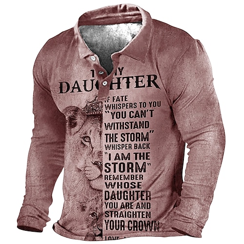 Polo à manches longues kaki pour homme avec graphique inspirant 'Ma fille je suis la tempête' lion parfait cadeau pour papa