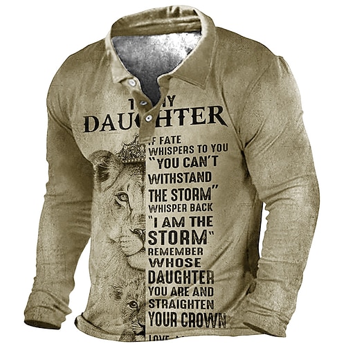 Polo à manches longues kaki pour homme avec graphique inspirant 'Ma fille je suis la tempête' lion parfait cadeau pour papa