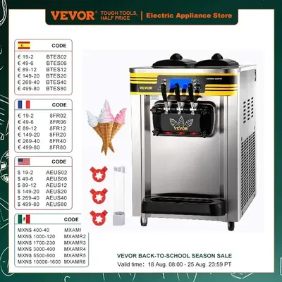 VEVOR 22-30L/H Soft Ice Cream Maker Commercial Countertop Tricolor 2+1 Flavors Sweet Cones Freezing