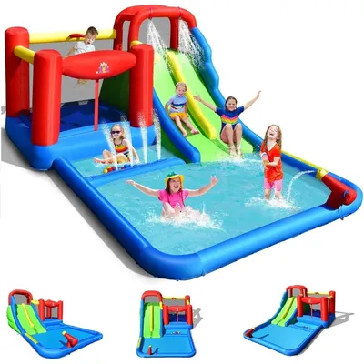 Inflatable Water Slide, Mega Water House with 2 Slide & Ball Pit Wet Dry for Kids Outdoor Backyard