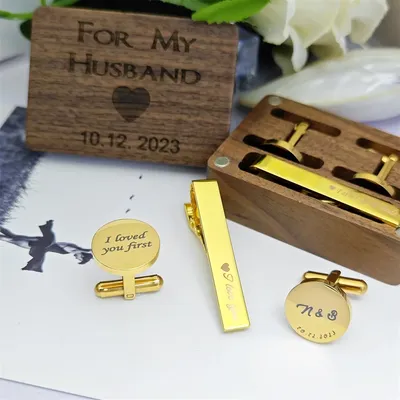 DOREMI Wedding Cufflinks Tie Clip Sets Personalized Engraving Wood Box Groomsman Jewelry Father of