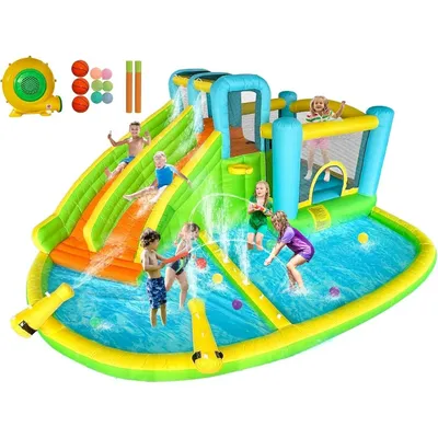 Inflatable Bounce House Water Slide Park, Double Slide Bouncer Castle with Climbing Wall, Bouncy