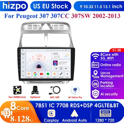 Hizpo 4G 9'' AI Intelligent Systems Wireless CarPlay Android Auto Radio for Peugeot 307 307CC 307SW