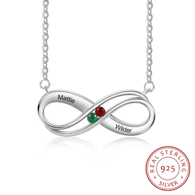 JewelOra 925 Sterling Silver Infinity Love Pendant with 2 Birthstones Personalized Engraved Couple