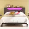 Bed Frame with Storage Headboard and Charging Station, LED Lights Upholstered Platform Bed, Heavy