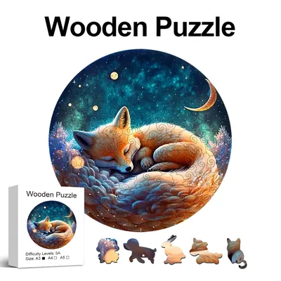 Sleeping Fox Round Wooden Puzzle, Uniquely Irregular Animal Shaped Wooden Jigsaw Puzzles Wooden