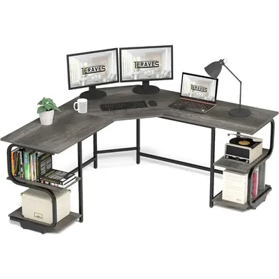 64.84" Gaming Computer Desk for Home Office Modern L Shaped Desk With Shelves Large+4 Tier Shelves)