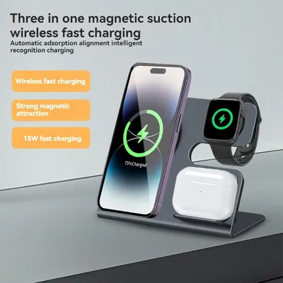 Magnetic three in one 15W wireless charger suitable for Apple phone earphones AirPos watch wireless