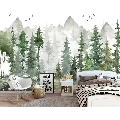 Green Forest Wall Mural Watercolor Woodland Wallpa...