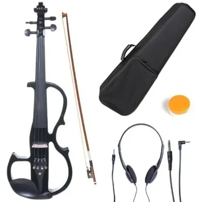 Silent Electric Solid Wood Violin Kit with Ebony Fittings in Black Metallic Varnish - Full Size 4/4