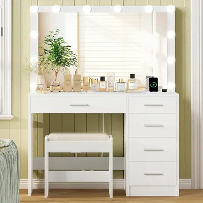 Makeup Vanity with 12 Lights, Vanity Desk with Power Outlet, Makeup Vanity Table with 5 Drawers,