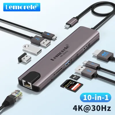 Lemorele TC46 10in1 USB HUB HDMI 4K 60Hz USB c Hub UAB 3.0 RJ45 1000Mbps With PD100W SD/TF For