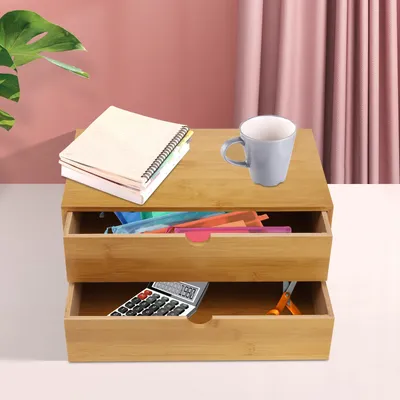 Bamboo Desk Organizer Drawer Tabletop Storage Box for Office Home Toiletries Supplies with 2 Drawer