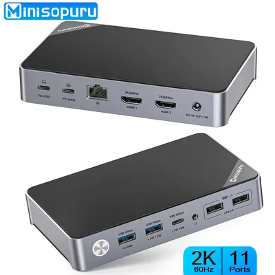 Minisopuru DisplayLink Docking Station Dual Monitor with 15W Charging Dual 2K60HZ HDMI USB C HUB for