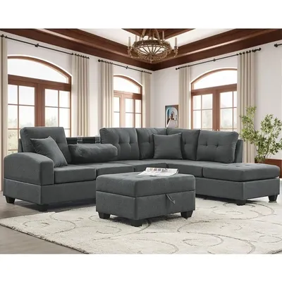 Living Room Sofa Set , L Shape Modular Storage Ottoman & Chaise, Comfy Corner Sofa Cup Holder Living
