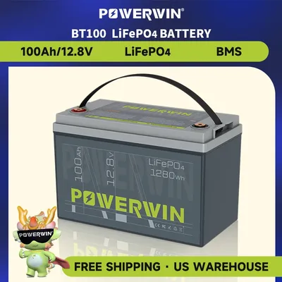 POWERWIN BT100 LiFePO4 12.8V 100Ah 1280Wh Built-in BMS Fish Radar Detector Solar Power 4000+Deep