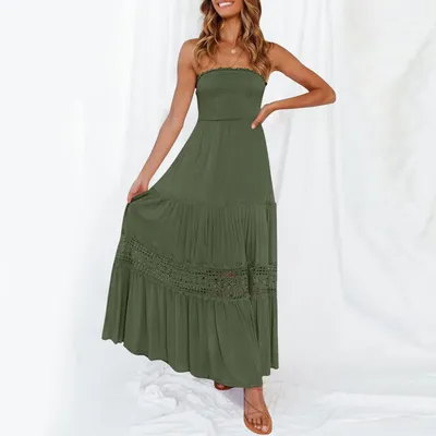 Sexy Off Shoulder Dress 2024 Summer Boho Wrap Chesting Women Solid Color Hollow Out Maxi Dresses