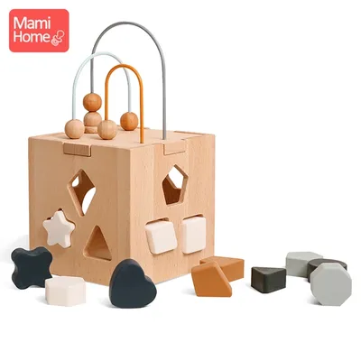 Baby Wooden Montessori Toys Silicone Geometric Shape Blocks Shape Matching Stacking Toys Wooden Box