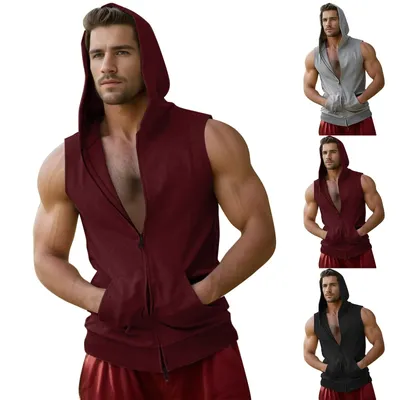 Brand Gyms Hooded Double Zipper Tank Tops Men Bodybuilding Cotton Sleeveless Vest Sweatshirt Fitness