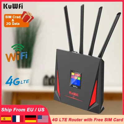 KuWfi 4G LTE Router CAT4 300Mbps Wifi Router 4G Modem with Free SIM Card RJ45 WAN LAN External